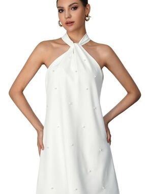 HYZ  Pearl Beaded Halter Twist Sleeveless Tie Back A Line Dress